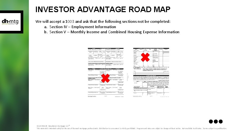 INVESTOR ADVANTAGE ROAD MAP We will accept a 1003 and ask that the following