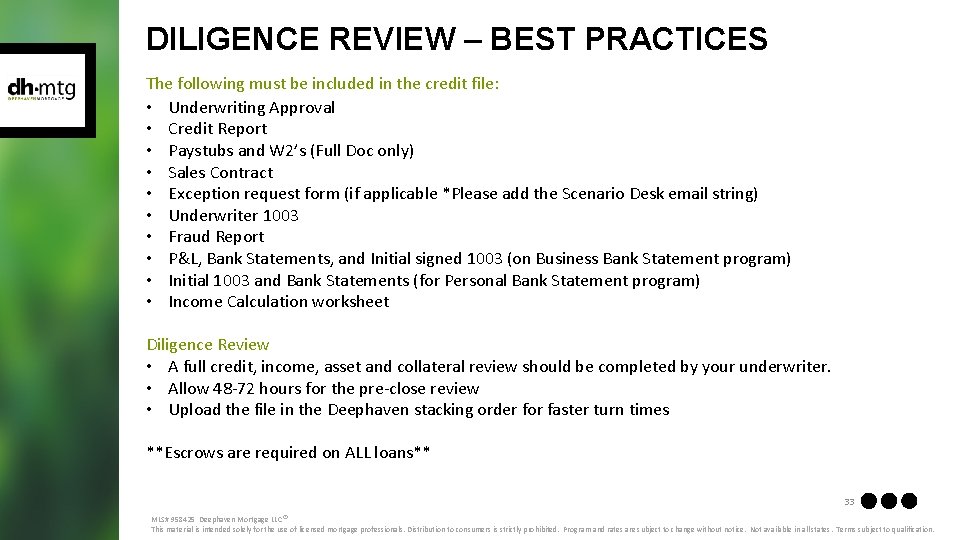 DILIGENCE REVIEW – BEST PRACTICES The following must be included in the credit file: