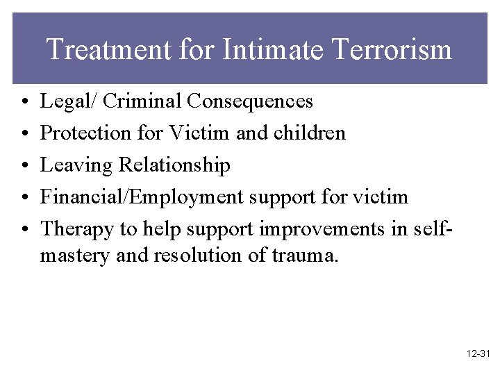 Treatment for Intimate Terrorism • • • Legal/ Criminal Consequences Protection for Victim and