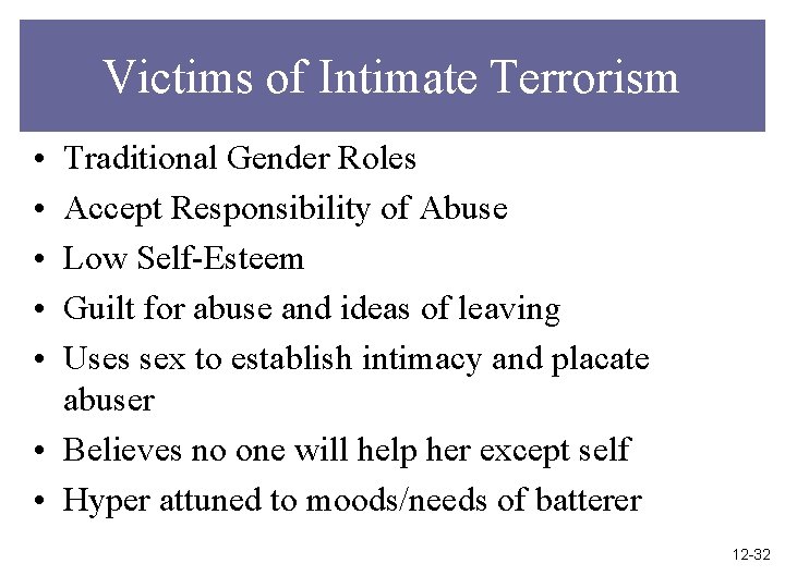 Victims of Intimate Terrorism • • • Traditional Gender Roles Accept Responsibility of Abuse