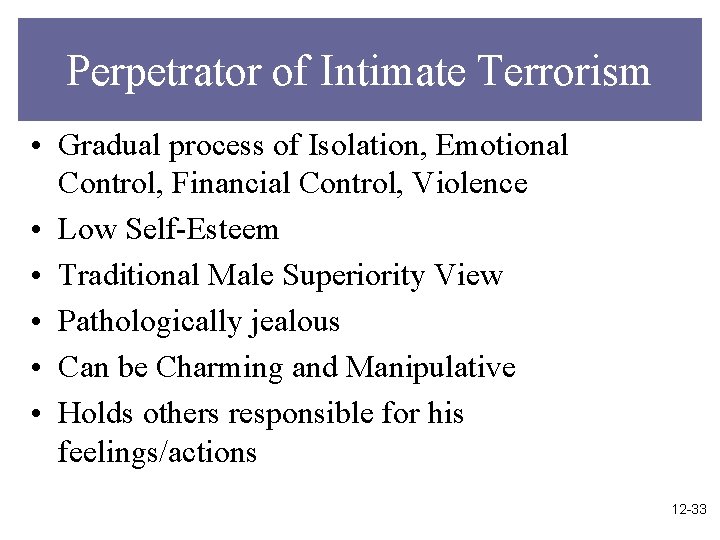 Perpetrator of Intimate Terrorism • Gradual process of Isolation, Emotional Control, Financial Control, Violence