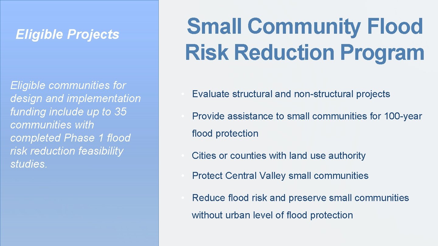 Eligible Projects Eligible communities for design and implementation funding include up to 35 communities