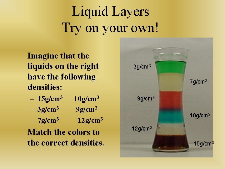 Liquid Layers Try on your own! Imagine that the liquids on the right have