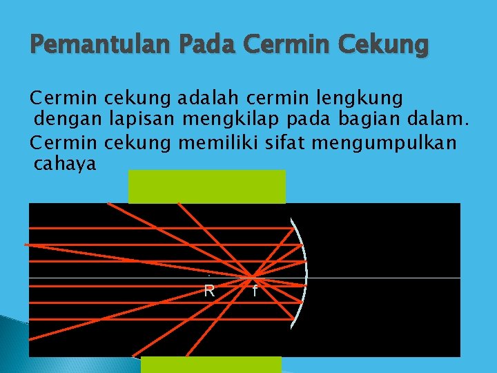 Pemantulan Pada Cermin Cekung Cermin cekung adalah cermin lengkung dengan lapisan mengkilap pada bagian