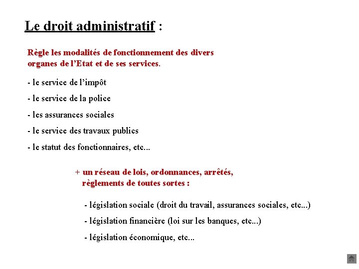 Le droit administratif : Règle les modalités de fonctionnement des divers organes de l’Etat