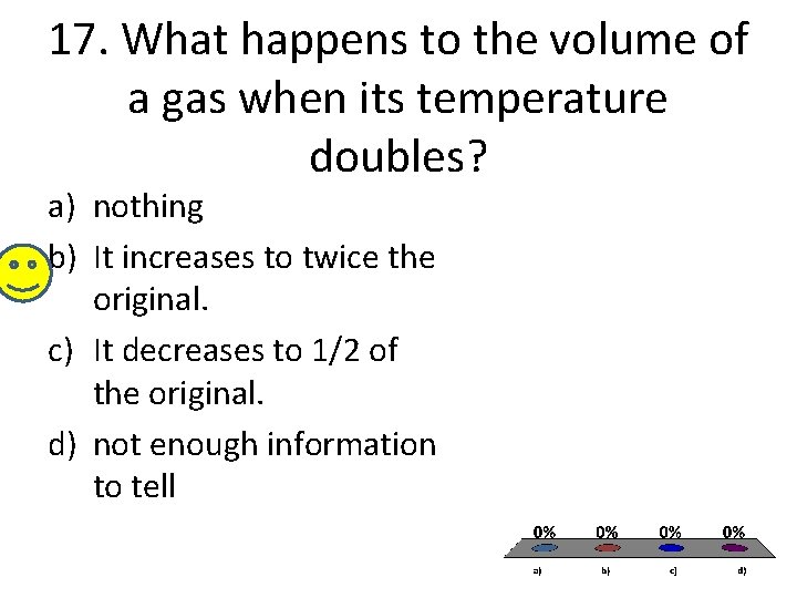 17. What happens to the volume of a gas when its temperature doubles? a)