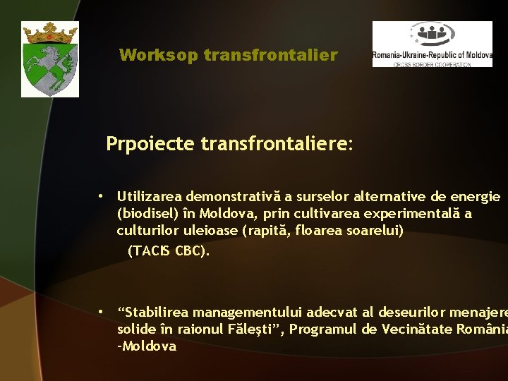 Worksop transfrontalier Prpoiecte transfrontaliere: • Utilizarea demonstrativă a surselor alternative de energie (biodisel) în