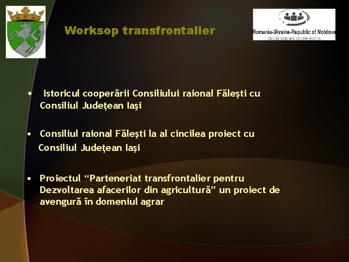 Worksop transfrontalier • Istoricul cooperării Consiliului raional Făleşti cu Consiliul Judeţean Iaşi • Consiliul