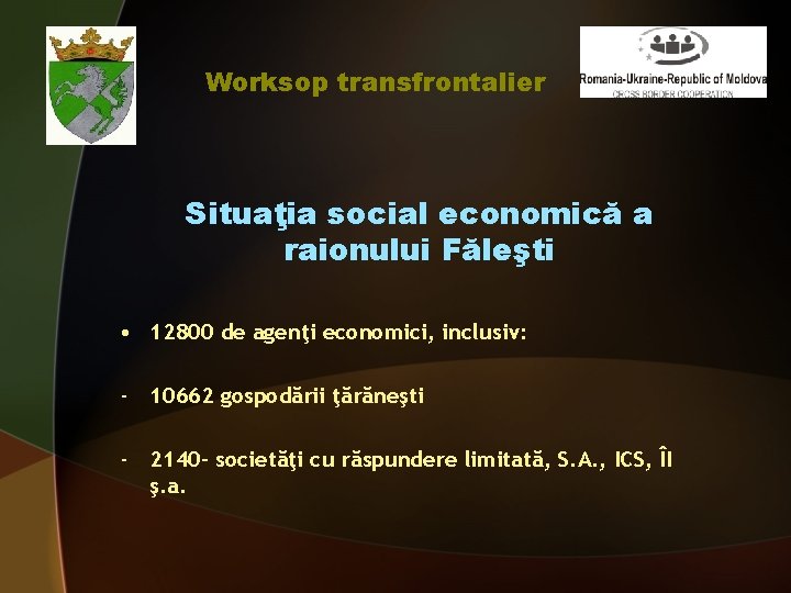 Worksop transfrontalier Situaţia social economică a raionului Făleşti • 12800 de agenţi economici, inclusiv: