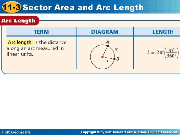 11 -3 Sector Area and Arc Length Holt Geometry 11 -3 Sector Area and Arc Length Holt Geometry