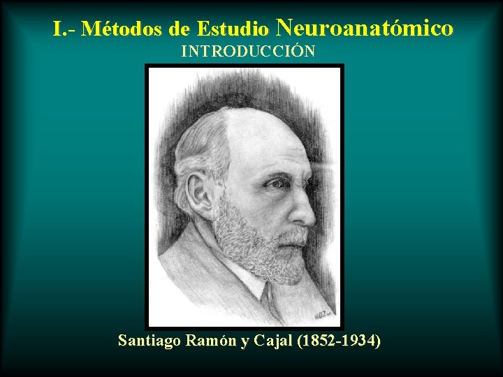 I. - Métodos de Estudio Neuroanatómico INTRODUCCIÓN Santiago Ramón y Cajal (1852 -1934) 