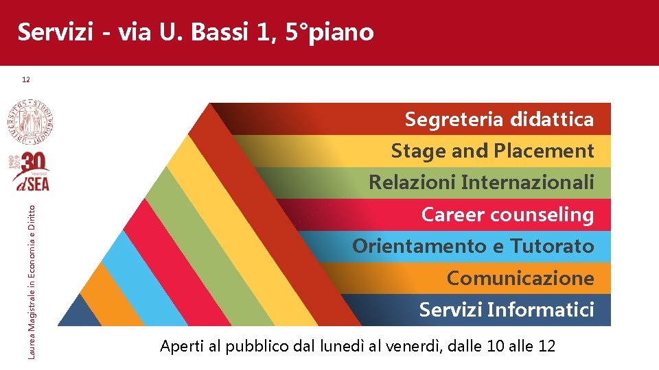 Servizi - via U. Bassi 1, 5°piano 12 Segreteria didattica Stage and Placement Laurea