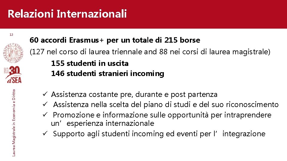 Relazioni Internazionali 13 60 accordi Erasmus+ per un totale di 215 borse (127 nel
