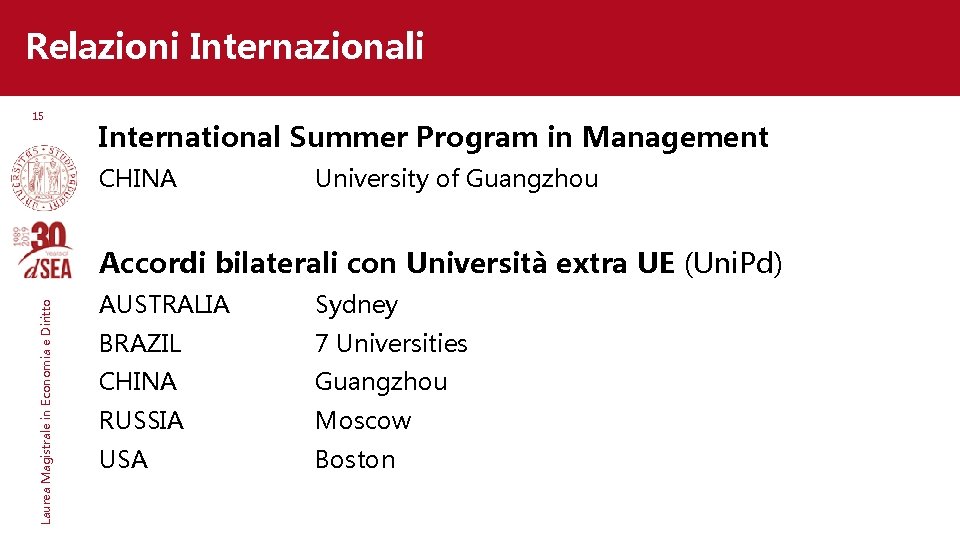 Relazioni Internazionali 15 International Summer Program in Management CHINA University of Guangzhou Laurea Magistrale