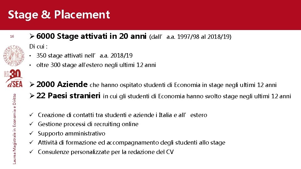 Stage & Placement 16 Ø 6000 Stage attivati in 20 anni (dall’a. a. 1997/98