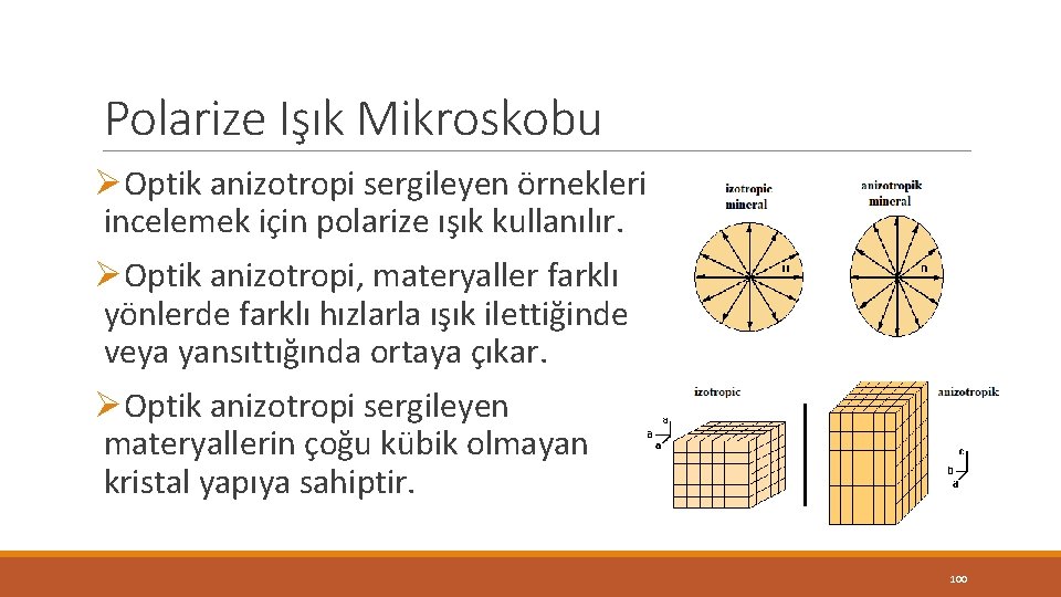 Polarize Işık Mikroskobu ØOptik anizotropi sergileyen örnekleri incelemek için polarize ışık kullanılır. ØOptik anizotropi, Polarize Işık Mikroskobu ØOptik anizotropi sergileyen örnekleri incelemek için polarize ışık kullanılır. ØOptik anizotropi,