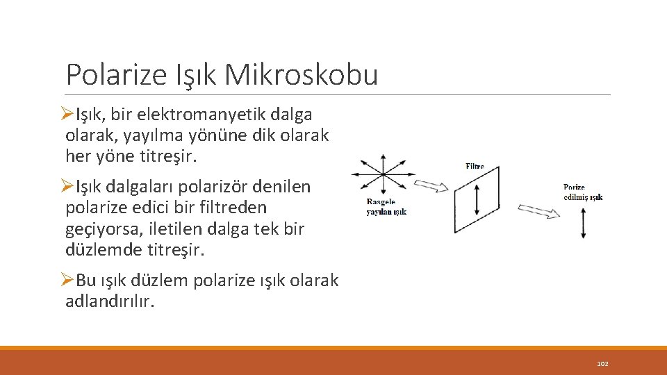 Polarize Işık Mikroskobu ØIşık, bir elektromanyetik dalga olarak, yayılma yönüne dik olarak her yöne Polarize Işık Mikroskobu ØIşık, bir elektromanyetik dalga olarak, yayılma yönüne dik olarak her yöne