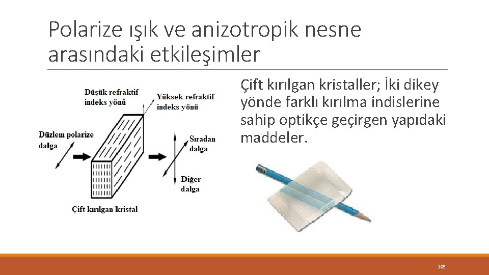 Polarize ışık ve anizotropik nesne arasındaki etkileşimler Çift kırılgan kristaller; İki dikey yönde farklı Polarize ışık ve anizotropik nesne arasındaki etkileşimler Çift kırılgan kristaller; İki dikey yönde farklı