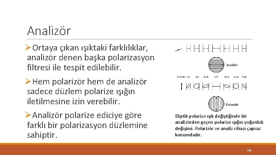 Analizör ØOrtaya çıkan ışıktaki farklılıklar, analizör denen başka polarizasyon filtresi ile tespit edilebilir. ØHem Analizör ØOrtaya çıkan ışıktaki farklılıklar, analizör denen başka polarizasyon filtresi ile tespit edilebilir. ØHem