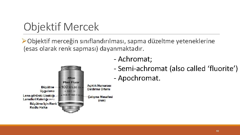 Objektif Mercek ØObjektif merceğin sınıflandırılması, sapma düzeltme yeteneklerine (esas olarak renk sapması) dayanmaktadır. - Objektif Mercek ØObjektif merceğin sınıflandırılması, sapma düzeltme yeteneklerine (esas olarak renk sapması) dayanmaktadır. -