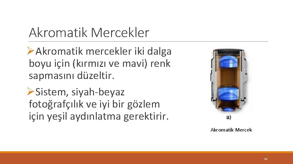 Akromatik Mercekler ØAkromatik mercekler iki dalga boyu için (kırmızı ve mavi) renk sapmasını düzeltir. Akromatik Mercekler ØAkromatik mercekler iki dalga boyu için (kırmızı ve mavi) renk sapmasını düzeltir.