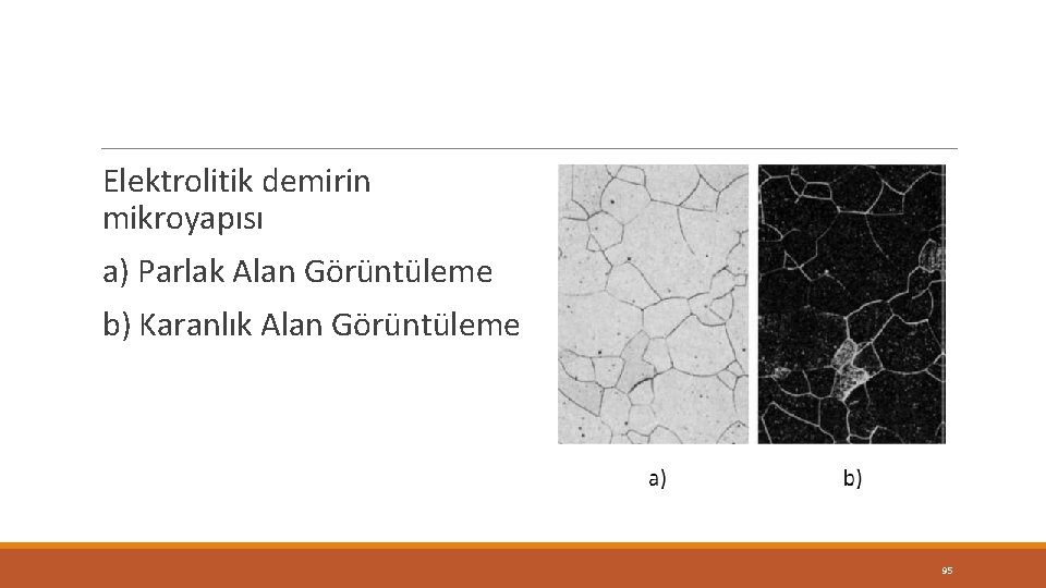 Elektrolitik demirin mikroyapısı a) Parlak Alan Görüntüleme b) Karanlık Alan Görüntüleme 95 Elektrolitik demirin mikroyapısı a) Parlak Alan Görüntüleme b) Karanlık Alan Görüntüleme 95