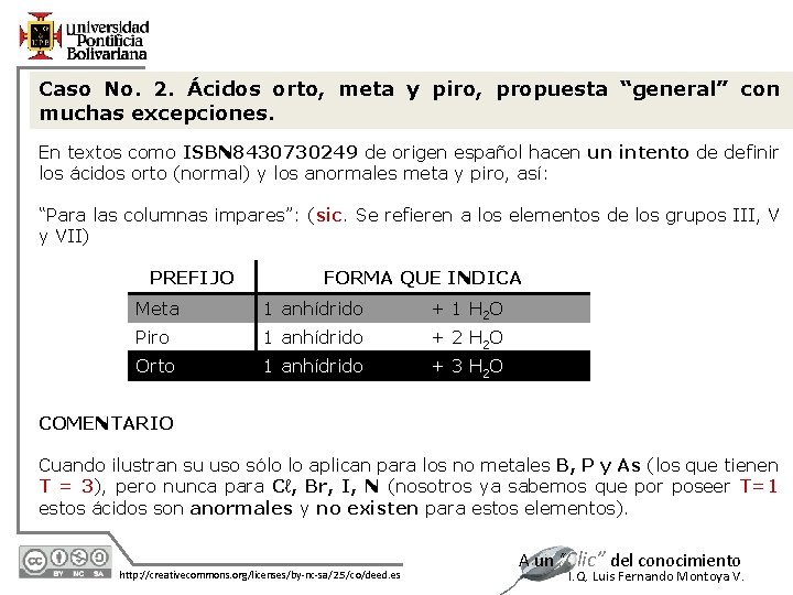 Caso No. 2. Ácidos orto, meta y piro, propuesta “general” con muchas excepciones. En