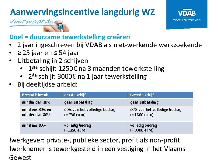 Aanwervingsincentive langdurig WZ Doel = duurzame tewerkstelling creëren • 2 jaar ingeschreven bij VDAB