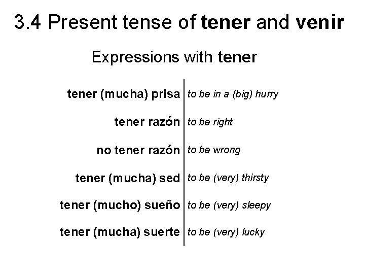 3. 4 Present tense of tener and venir Expressions with tener (mucha) prisa to 3. 4 Present tense of tener and venir Expressions with tener (mucha) prisa to