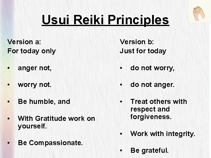 Usui Reiki Principles Version a: For today only • anger not, • worry not.