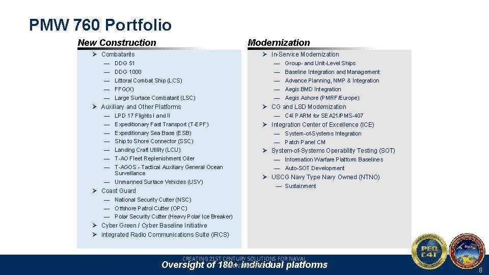 PMW 760 Portfolio New Construction Modernization Ø Combatants ― ― ― Ø In-Service Modernization