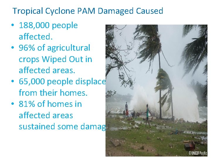 Tropical Cyclone PAM Damaged Caused • 188, 000 people affected. • 96% of agricultural