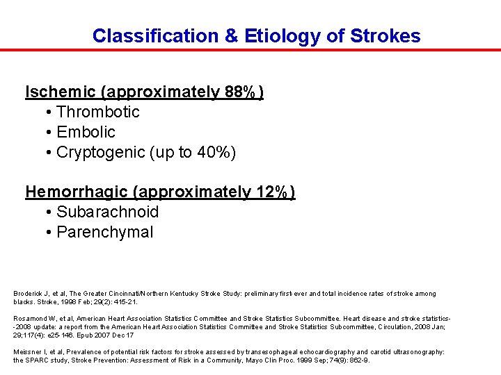 Classification & Etiology of Strokes Ischemic (approximately 88%) • Thrombotic • Embolic • Cryptogenic