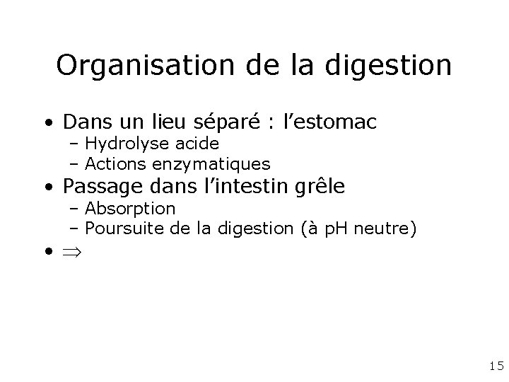 Organisation de la digestion • Dans un lieu séparé : l’estomac – Hydrolyse acide