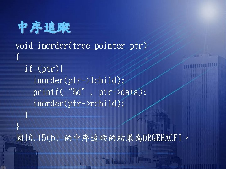 中序追蹤 void inorder(tree_pointer ptr) { if (ptr){ inorder(ptr->lchild); printf(“%d”, ptr->data); inorder(ptr->rchild); } } 圖