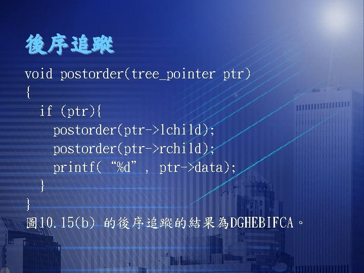 後序追蹤 void postorder(tree_pointer ptr) { if (ptr){ postorder(ptr->lchild); postorder(ptr->rchild); printf(“%d”, ptr->data); } } 圖