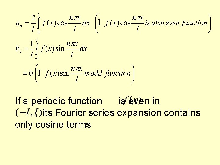 If a periodic function is even in , its Fourier series expansion contains only If a periodic function is even in , its Fourier series expansion contains only