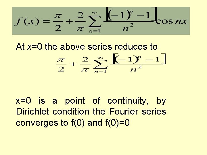 At x=0 the above series reduces to x=0 is a point of continuity, by At x=0 the above series reduces to x=0 is a point of continuity, by
