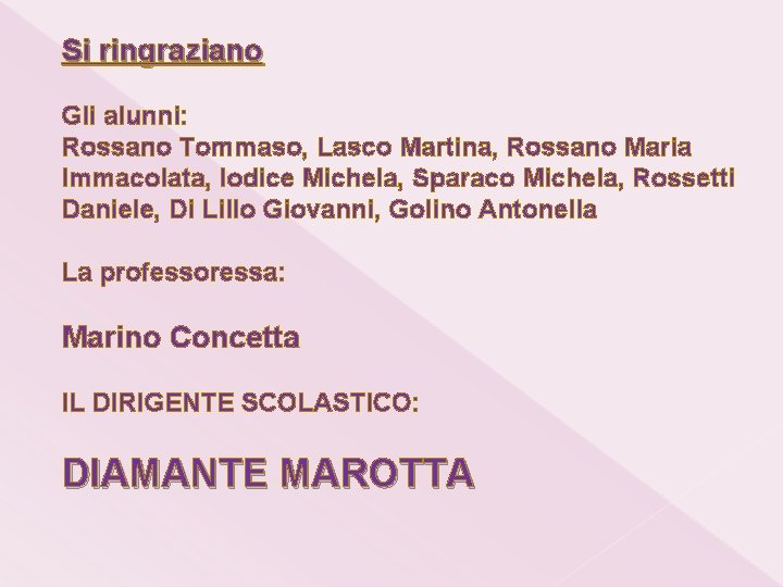 Si ringraziano Gli alunni: Rossano Tommaso, Lasco Martina, Rossano Maria Immacolata, Iodice Michela, Sparaco