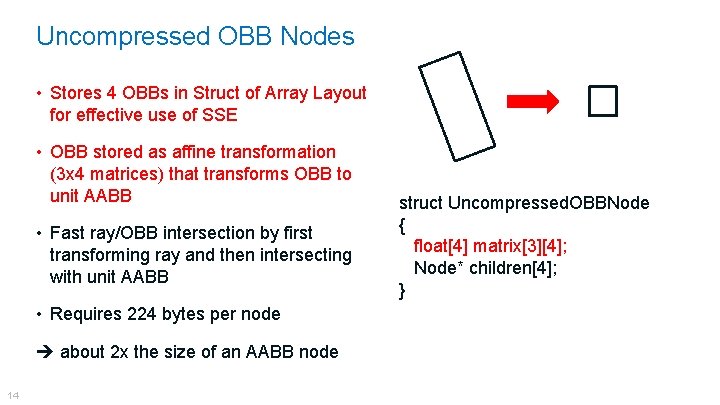 Uncompressed OBB Nodes • Stores 4 OBBs in Struct of Array Layout for effective