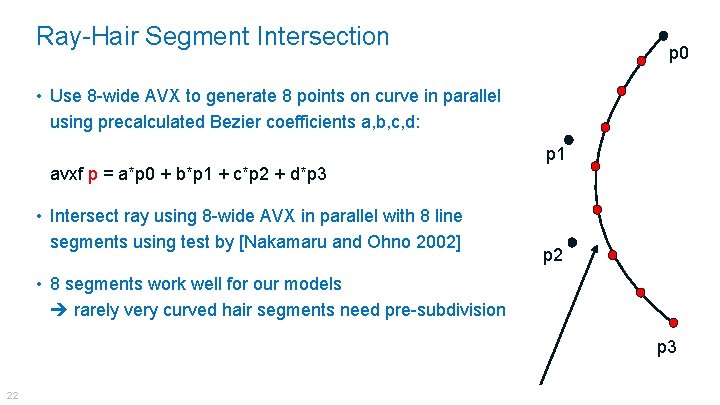 Ray-Hair Segment Intersection p 0 • Use 8 -wide AVX to generate 8 points