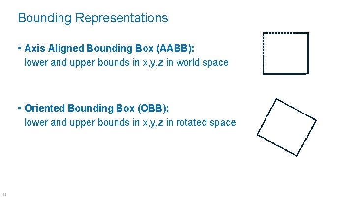 Bounding Representations • Axis Aligned Bounding Box (AABB): lower and upper bounds in x,