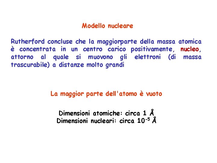 Modello nucleare Rutherford concluse che la maggiorparte della massa atomica è concentrata in un