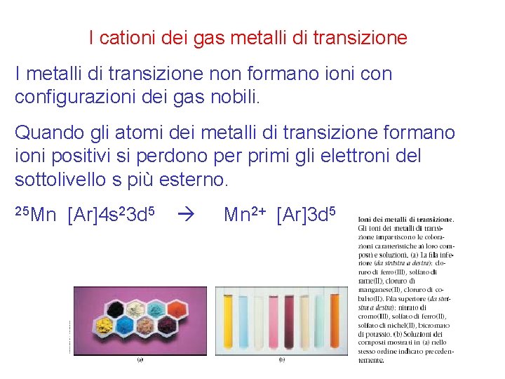 I cationi dei gas metalli di transizione I metalli di transizione non formano ioni