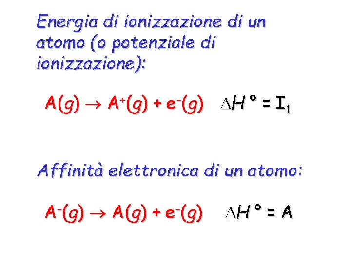 Energia di ionizzazione di un atomo (o potenziale di ionizzazione): A(g) A+(g) + e-(g)