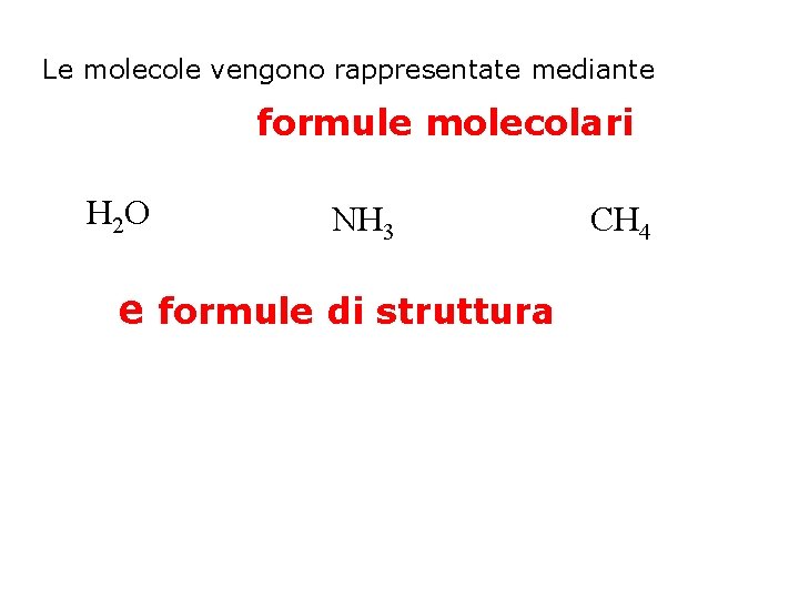 Le molecole vengono rappresentate mediante formule molecolari H 2 O NH 3 e formule