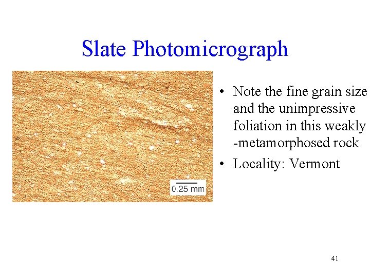 Slate Photomicrograph • Note the fine grain size and the unimpressive foliation in this