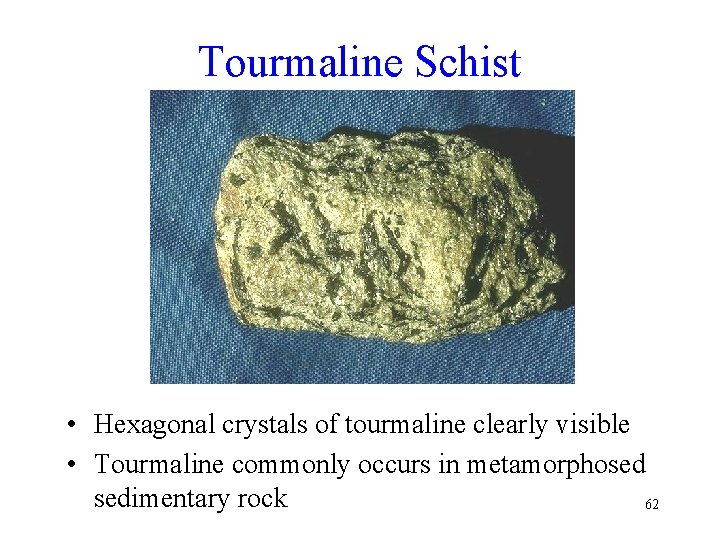 Tourmaline Schist • Hexagonal crystals of tourmaline clearly visible • Tourmaline commonly occurs in