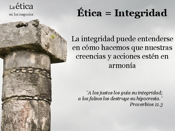 La ética en los negocios Ética = Integridad La integridad puede entenderse en cómo