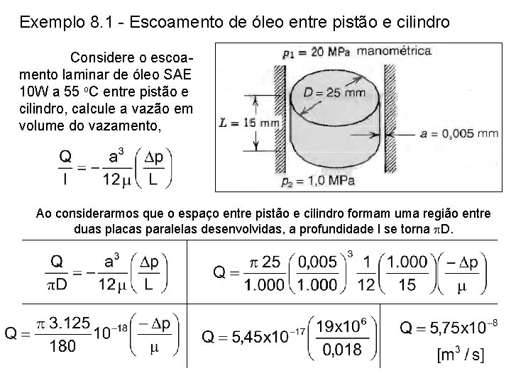 Exemplo 8. 1 - Escoamento de óleo entre pistão e cilindro Considere o escoamento Exemplo 8. 1 - Escoamento de óleo entre pistão e cilindro Considere o escoamento